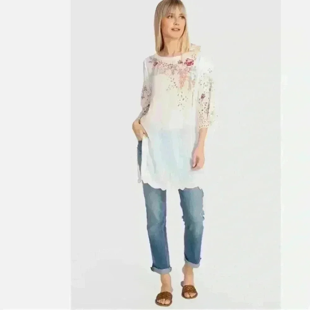Johnny Was Belina Tunic White Floral Embroidered Top eyelet details - Picture 1 of 16